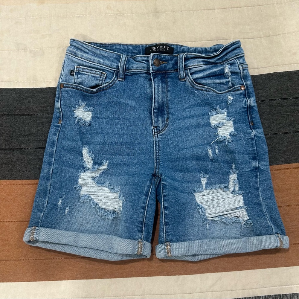 Judy Blue Distressed Cuffed Denim Bermuda Shorts